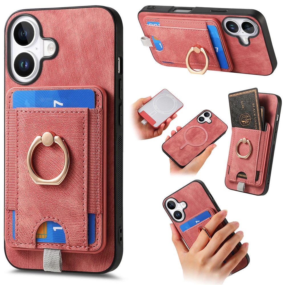 For iPhone 17 Magnetic Case PU Leather Back Cover with Detachable Card Holder - Pink