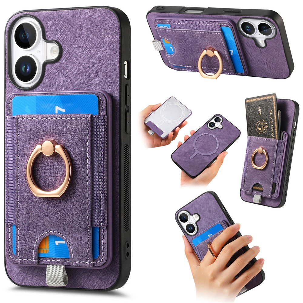 For iPhone 17 Magnetic Case PU Leather Back Cover with Detachable Card Holder - Purple