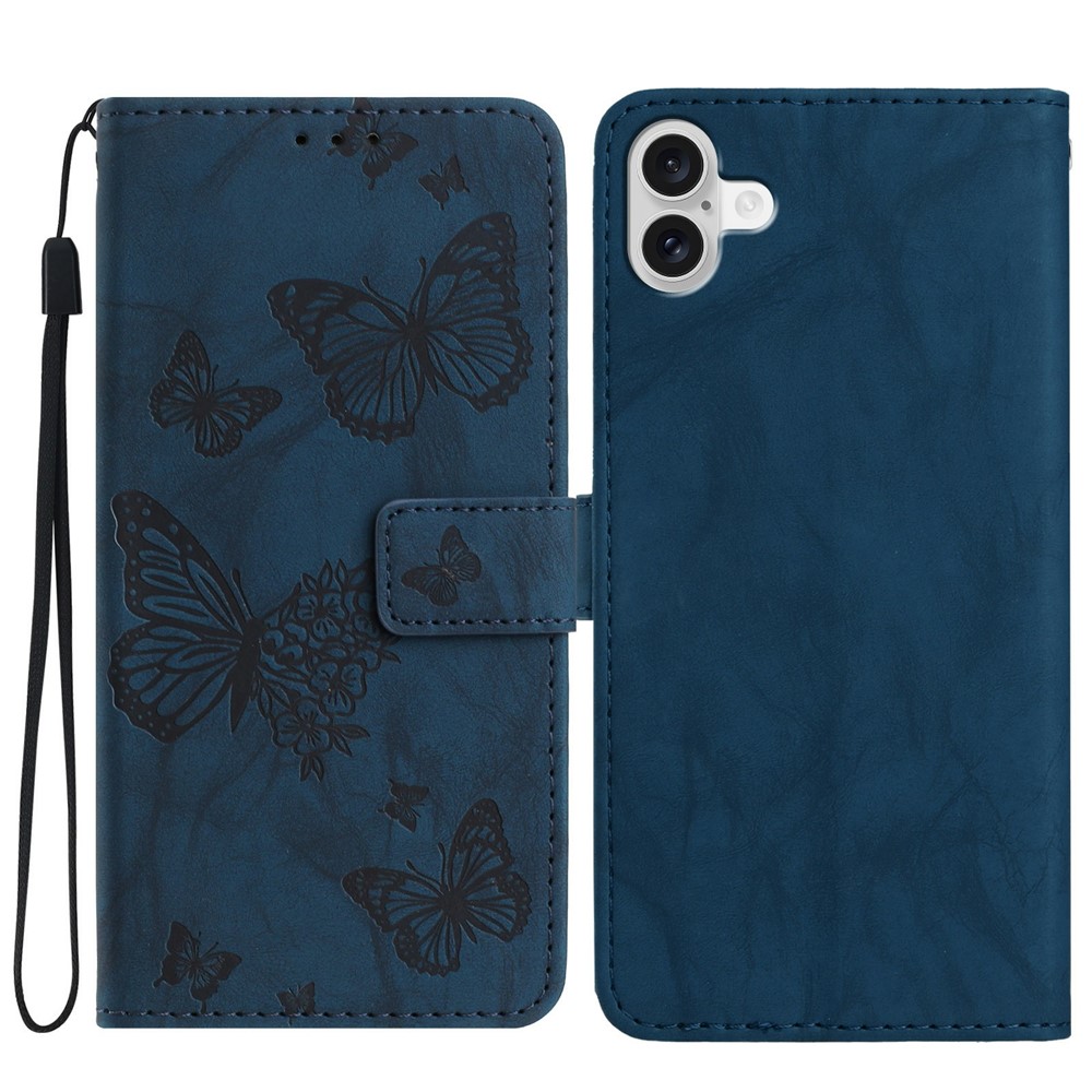 For iPhone 17 Leather Case Butterfly Flower Imprinted Wallet Stand Flip Phone Cover with Wrist Strap - Blue