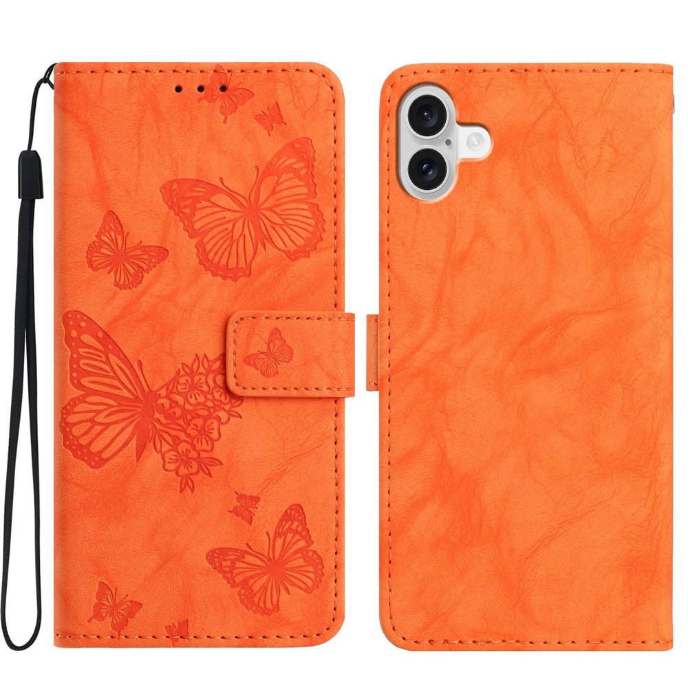 For iPhone 17 Leather Case Butterfly Flower Imprinted Wallet Stand Flip Phone Cover with Wrist Strap - Orange