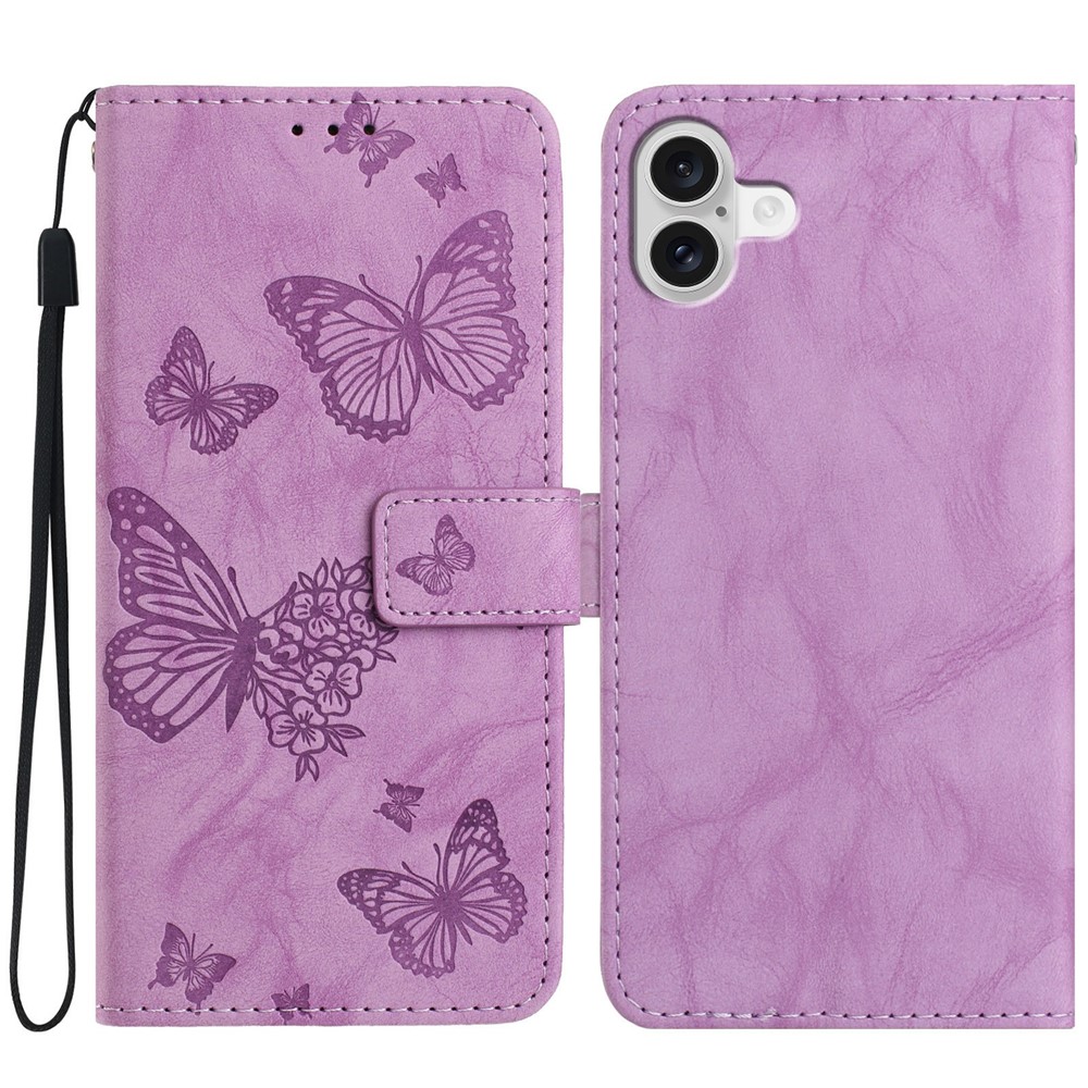 For iPhone 17 Leather Case Butterfly Flower Imprinted Wallet Stand Flip Phone Cover with Wrist Strap - Purple