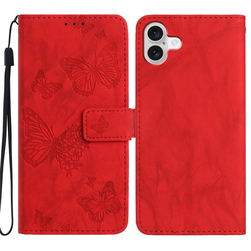 For iPhone 17 Leather Case Butterfly Flower Imprinted Wallet Stand Flip Phone Cover with Wrist Strap - Red
