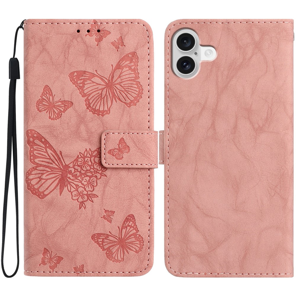 For iPhone 17 Leather Case Butterfly Flower Imprinted Wallet Stand Flip Phone Cover with Wrist Strap - Pink