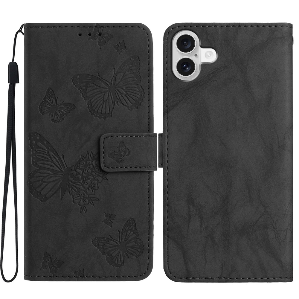 For iPhone 17 Leather Case Butterfly Flower Imprinted Wallet Stand Flip Phone Cover with Wrist Strap - Black