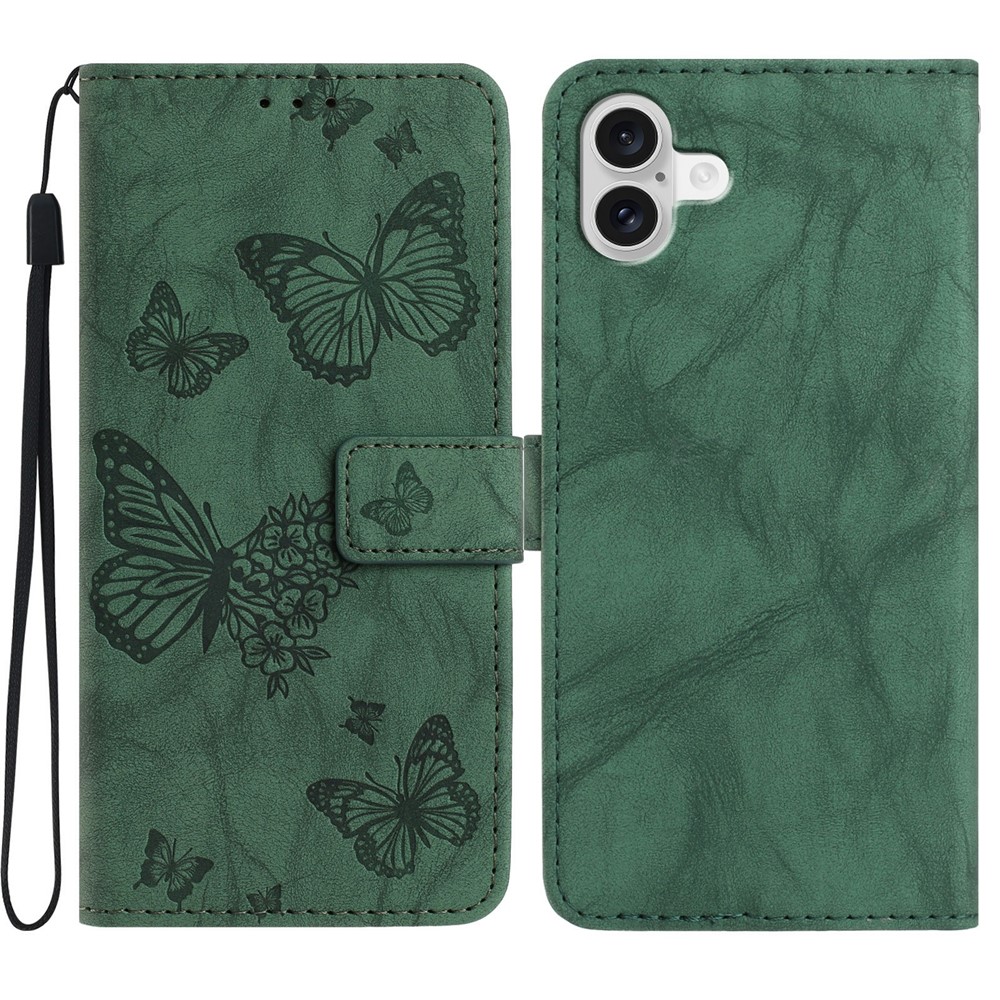 For iPhone 17 Leather Case Butterfly Flower Imprinted Wallet Stand Flip Phone Cover with Wrist Strap - Green