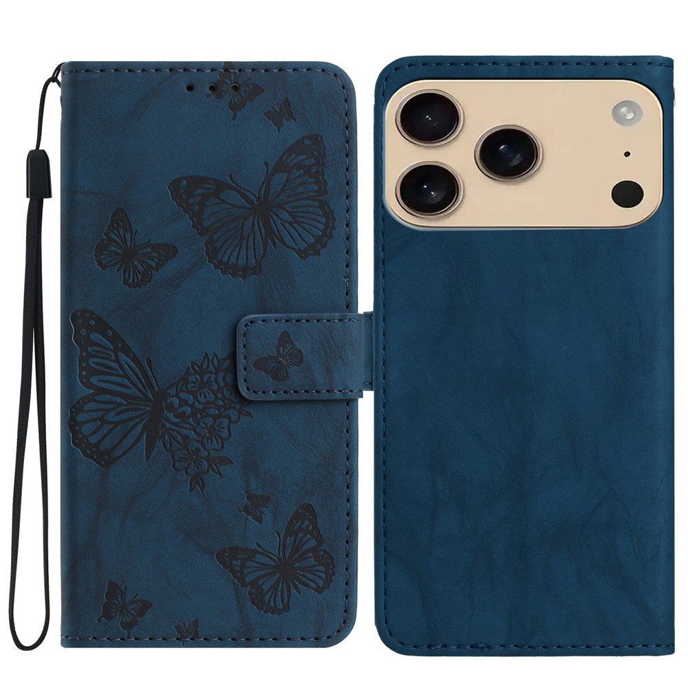 For iPhone 17 Pro Leather Case Butterfly Flower Imprinted Wallet Stand Flip Phone Cover with Wrist Strap - Blue