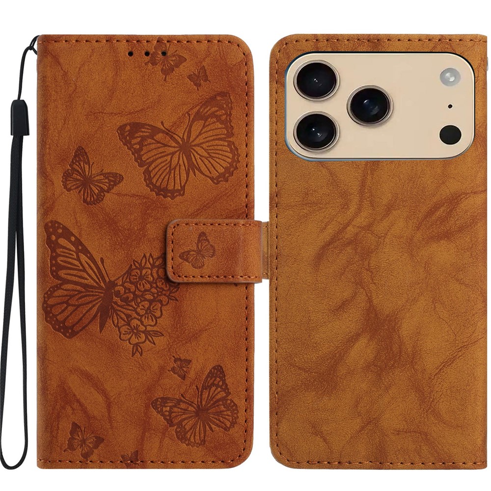 For iPhone 17 Pro Leather Case Butterfly Flower Imprinted Wallet Stand Flip Phone Cover with Wrist Strap - Brown