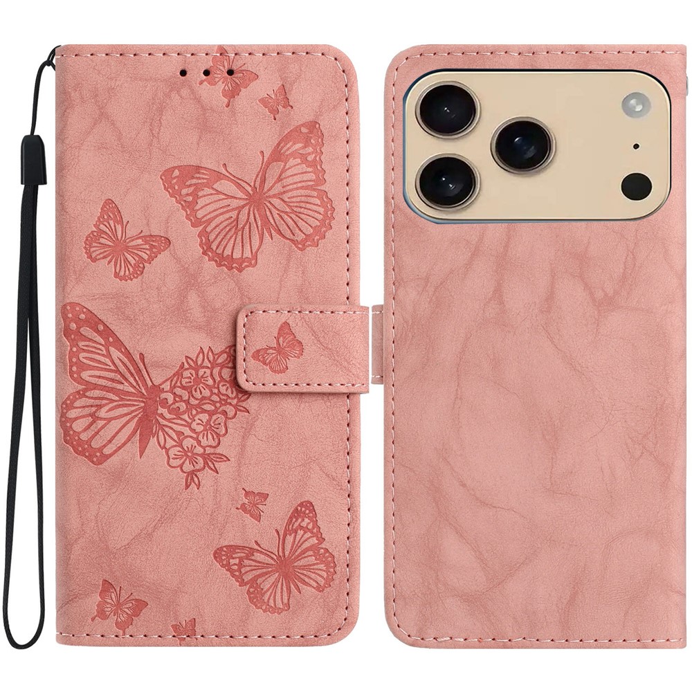 For iPhone 17 Pro Leather Case Butterfly Flower Imprinted Wallet Stand Flip Phone Cover with Wrist Strap - Pink