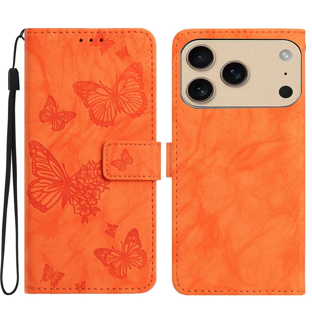 For iPhone 17 Pro Max Leather Case Butterfly Flower Imprinted Wallet Stand Flip Phone Cover with Wrist Strap - Orange