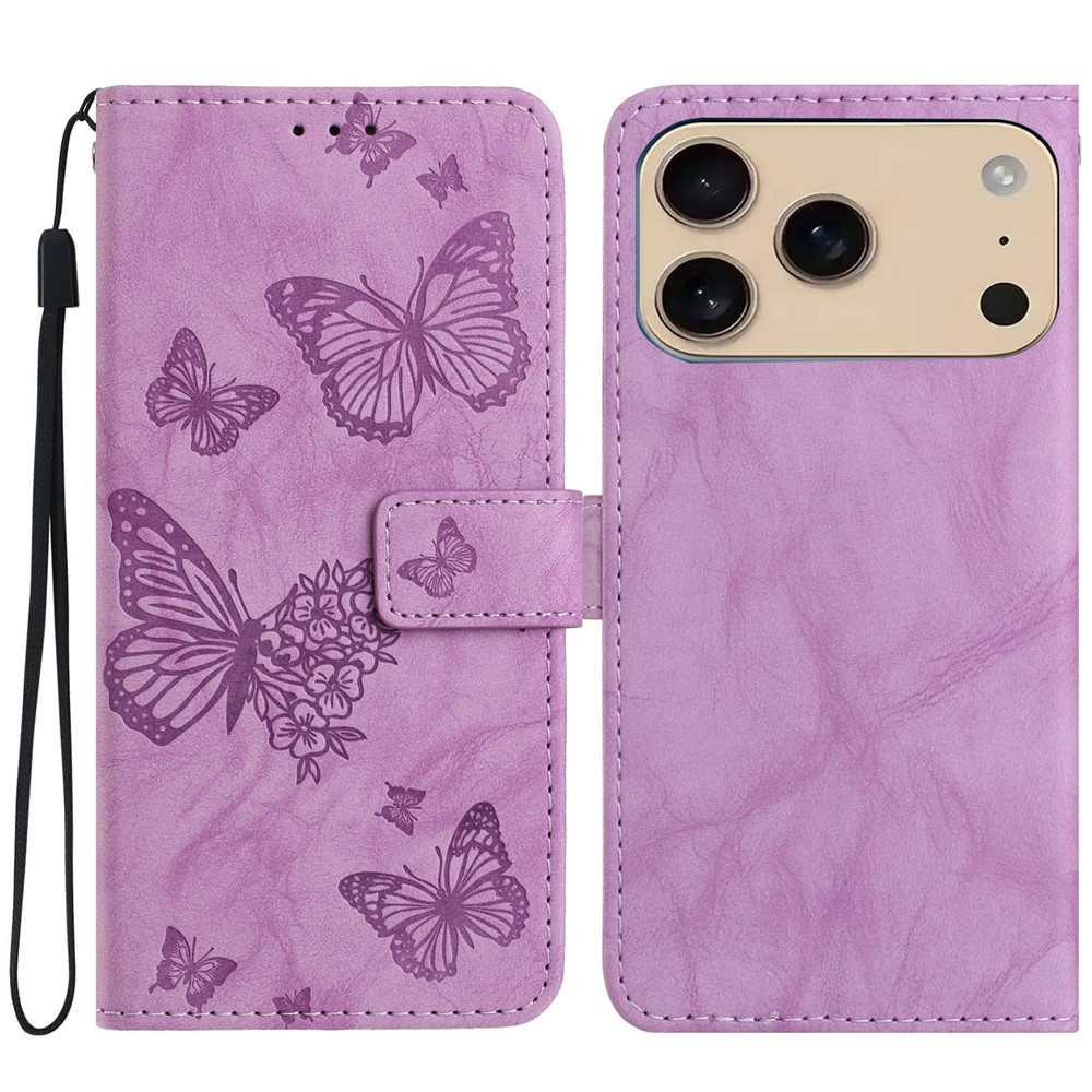 For iPhone 17 Pro Max Leather Case Butterfly Flower Imprinted Wallet Stand Flip Phone Cover with Wrist Strap - Purple