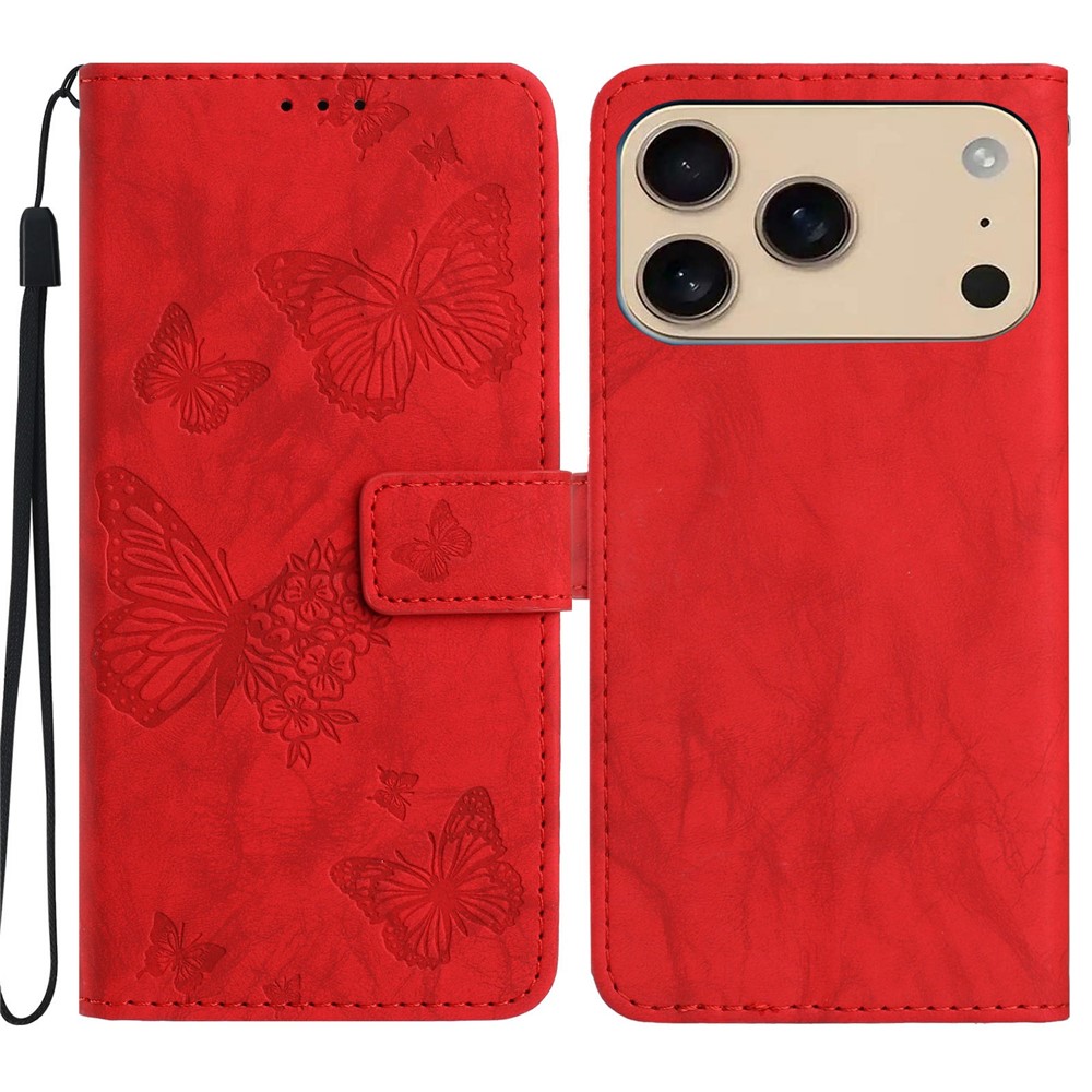 For iPhone 17 Pro Max Leather Case Butterfly Flower Imprinted Wallet Stand Flip Phone Cover with Wrist Strap - Red