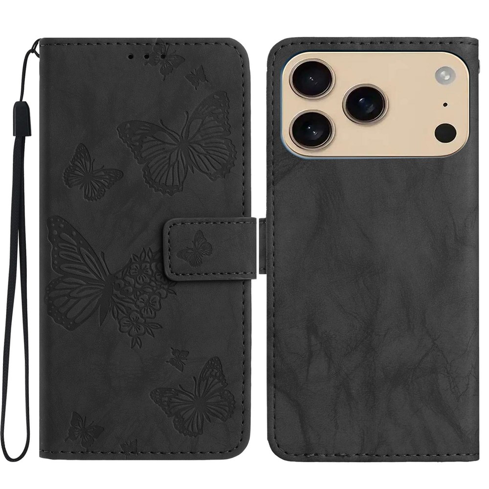 For iPhone 17 Pro Max Leather Case Butterfly Flower Imprinted Wallet Stand Flip Phone Cover with Wrist Strap - Black