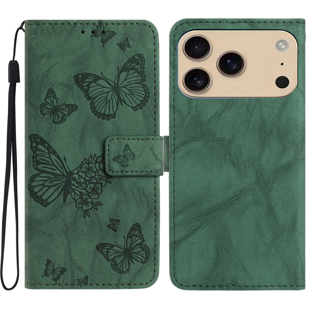For iPhone 17 Pro Max Leather Case Butterfly Flower Imprinted Wallet Stand Flip Phone Cover with Wrist Strap - Green