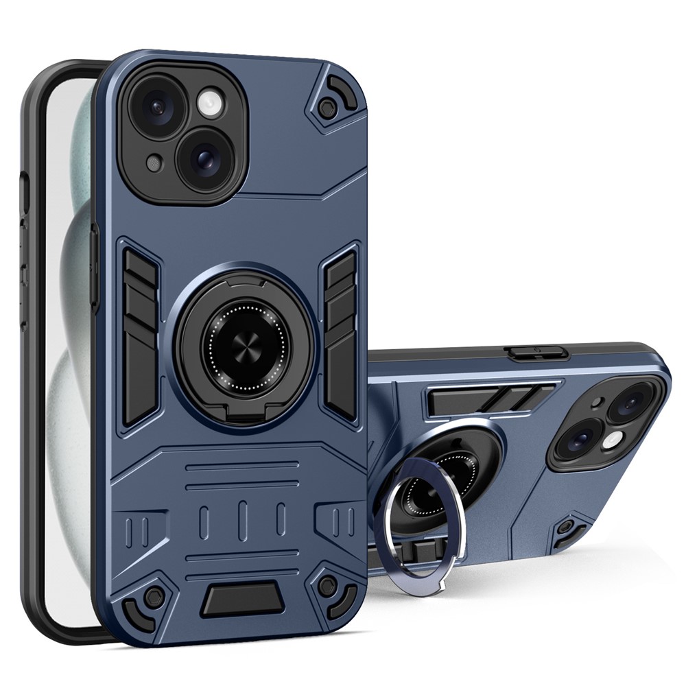 For iPhone 15 Plus  / 14 Plus Case with Ring Holder Kickstand PC + TPU Anti-Fall Phone Cover - Dark Blue