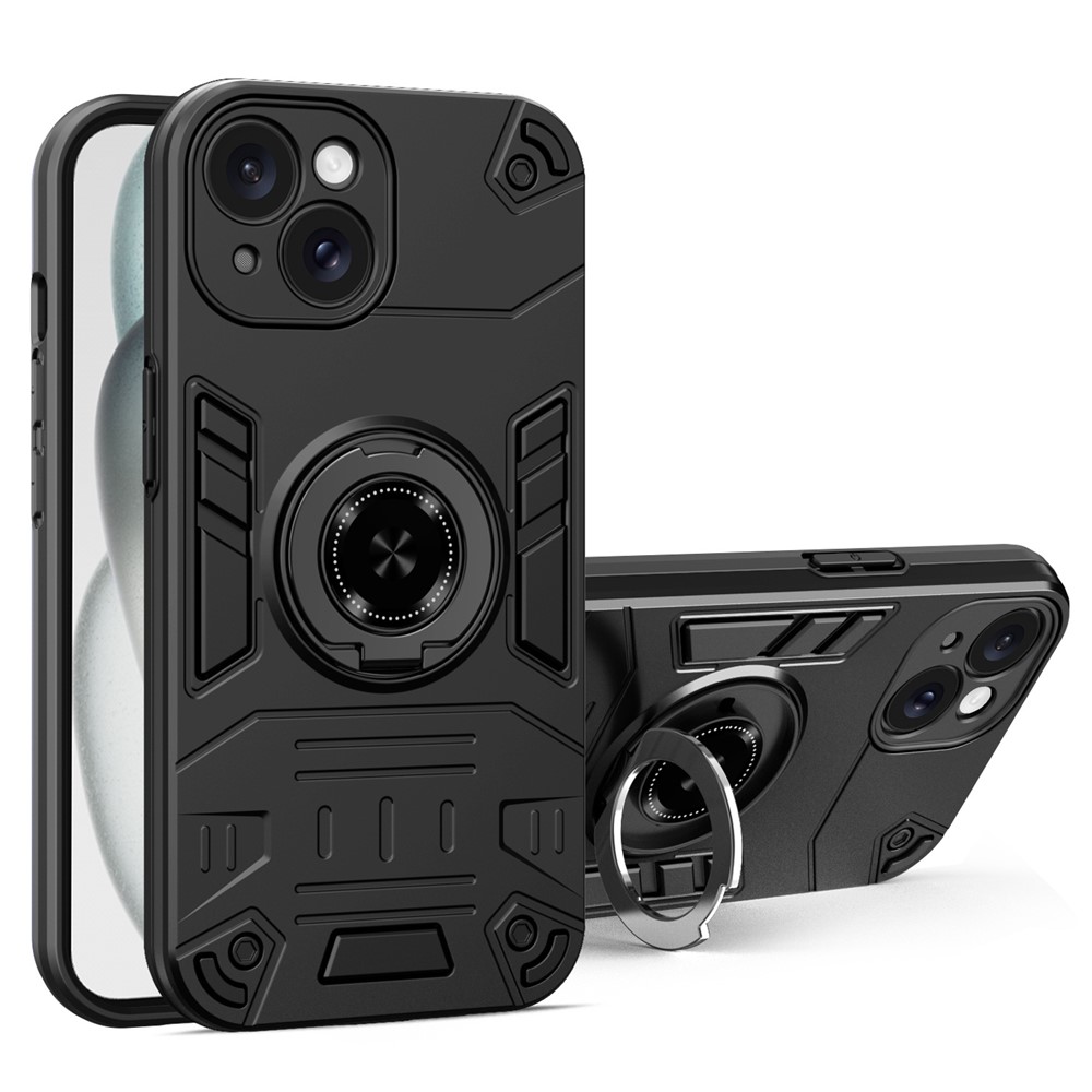 For iPhone 15 Plus  / 14 Plus Case with Ring Holder Kickstand PC + TPU Anti-Fall Phone Cover - Black