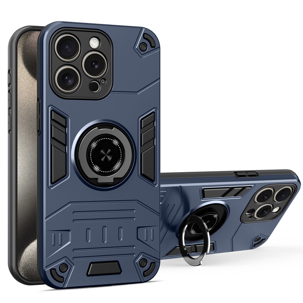 For iPhone 15 Pro Case with Ring Holder Kickstand PC + TPU Anti-Fall Phone Cover - Dark Blue