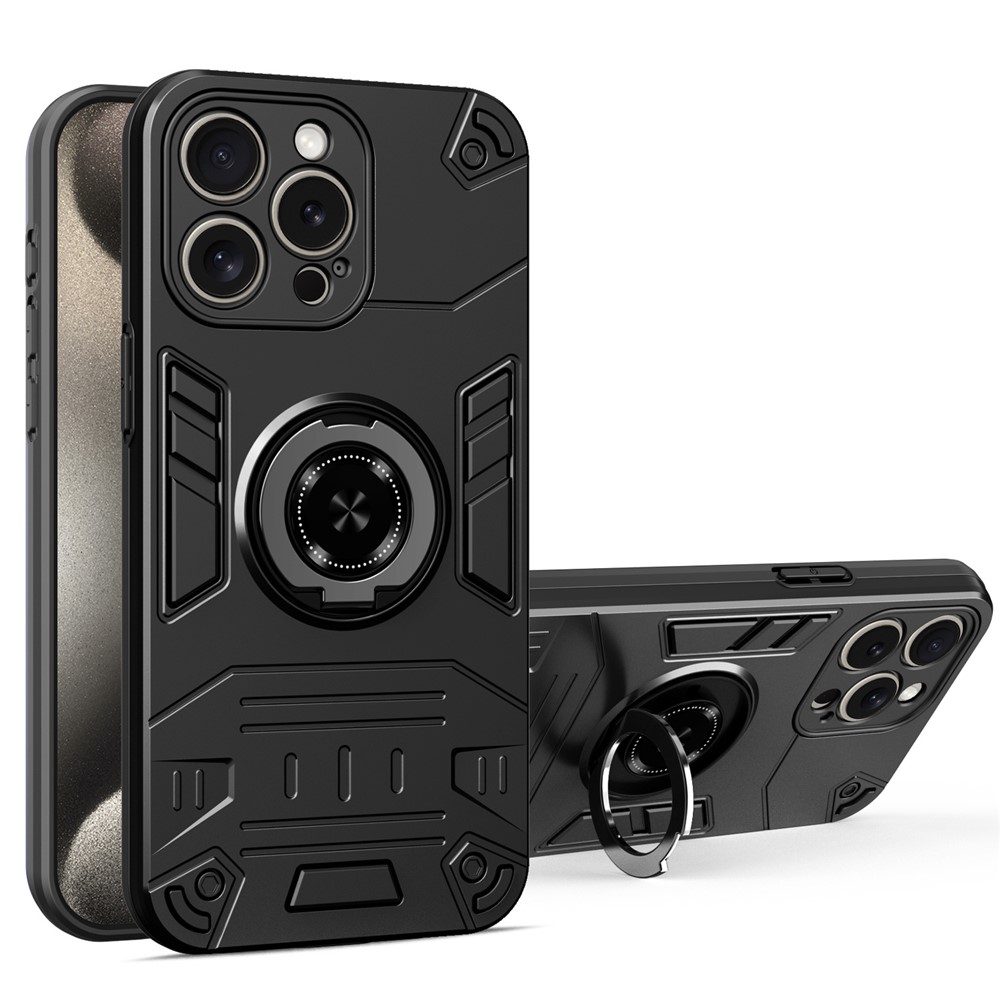 For iPhone 15 Pro Max Case with Ring Holder Kickstand PC + TPU Anti-Fall Phone Cover