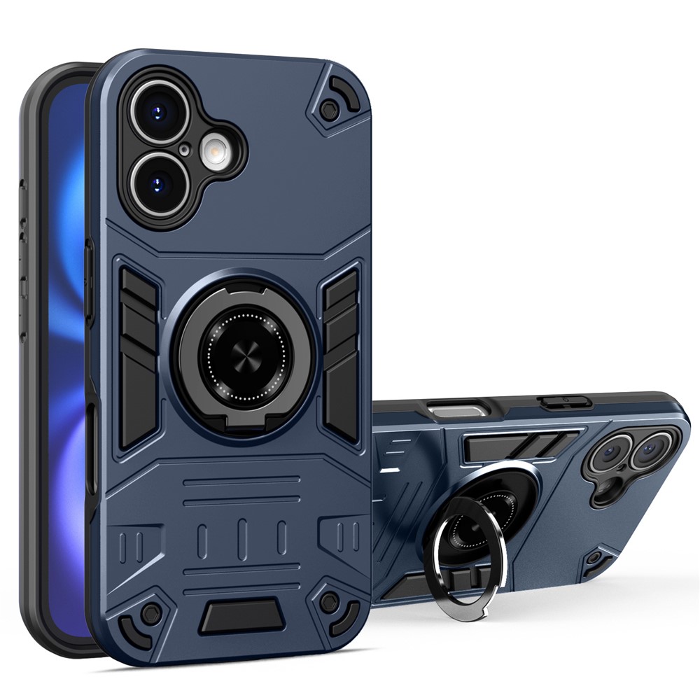 For iPhone 16 Case with Ring Holder Kickstand PC + TPU Anti-Fall Phone Cover - Dark Blue
