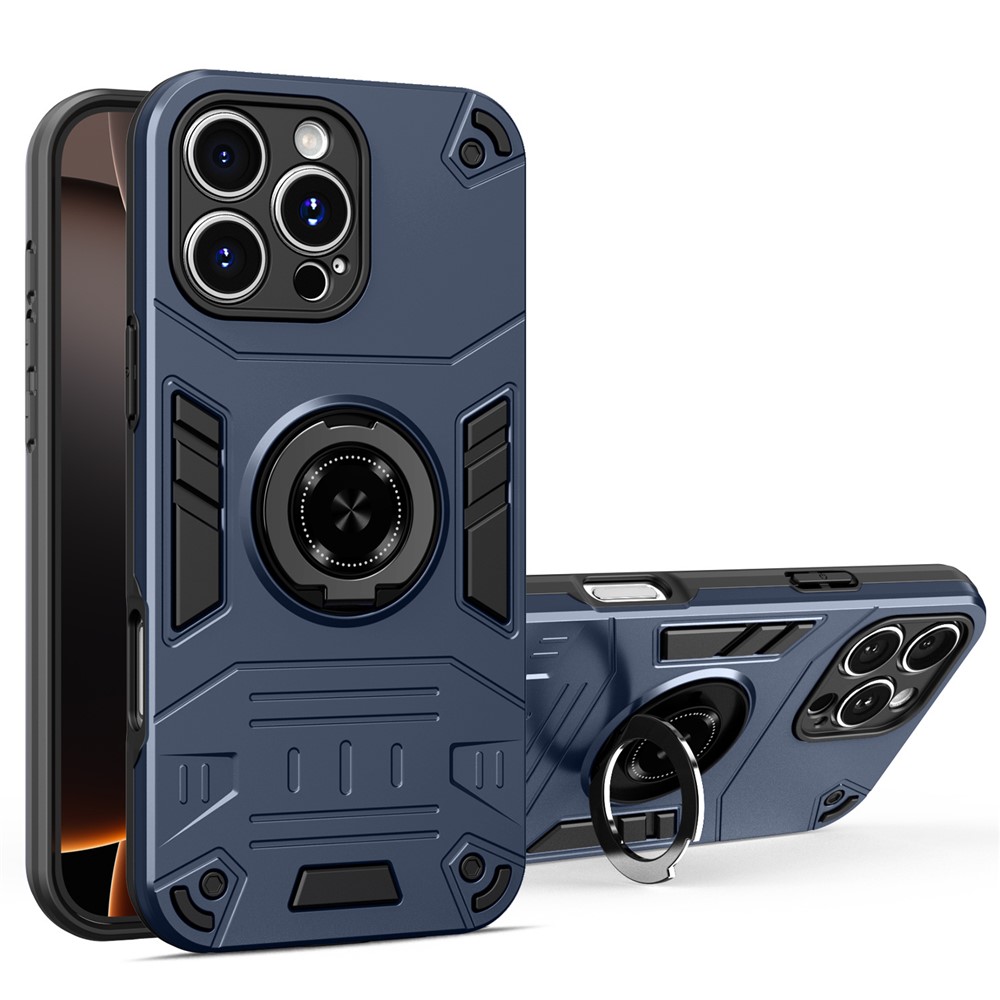 For iPhone 16 Pro Max Case with Ring Holder Kickstand PC + TPU Anti-Fall Phone Cover - Dark Blue