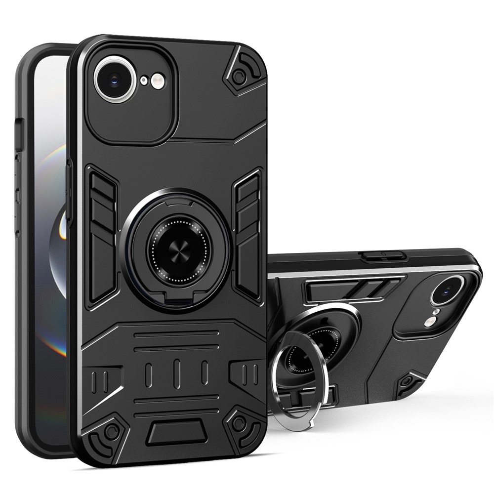 For iPhone 16e Case with Ring Holder Kickstand PC + TPU Anti-Fall Phone Cover - Black