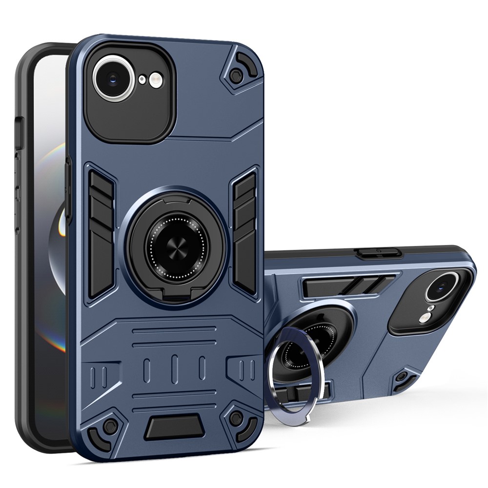 For iPhone 16e Case with Ring Holder Kickstand PC + TPU Anti-Fall Phone Cover - Dark Blue