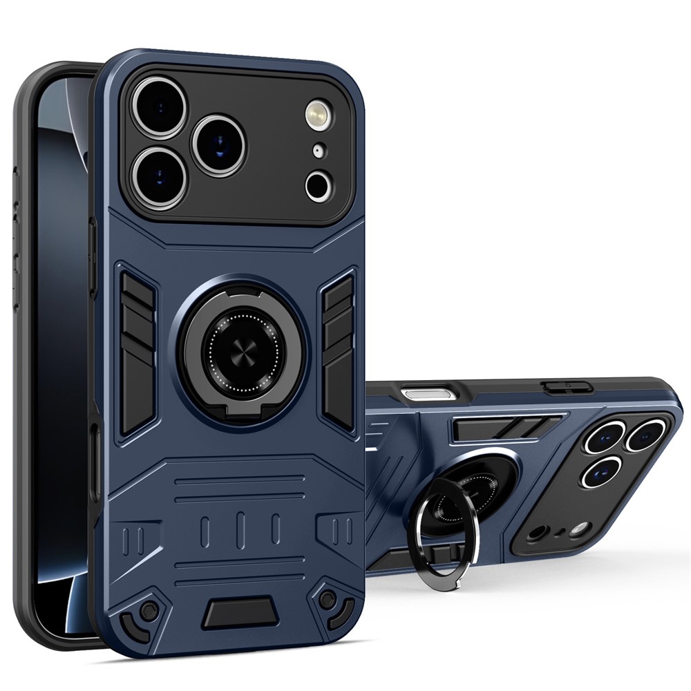 For iPhone 17 Pro Case with Ring Holder Kickstand PC + TPU Anti-Fall Phone Cover - Dark Blue