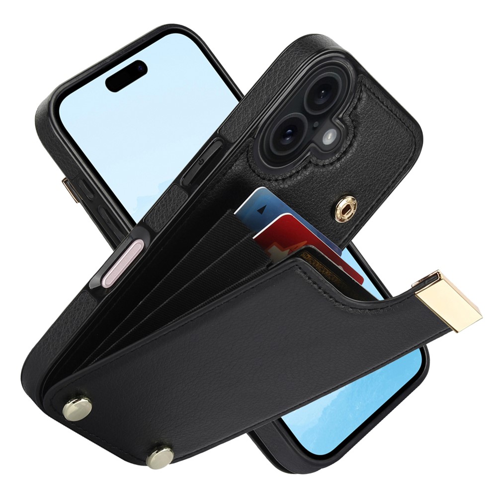 For iPhone 17 Case TPU + PU Leather Hardware Decor Phone Cover with Card Holder - Black