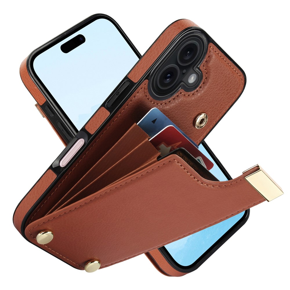 For iPhone 17 Case TPU + PU Leather Hardware Decor Phone Cover with Card Holder - Brown