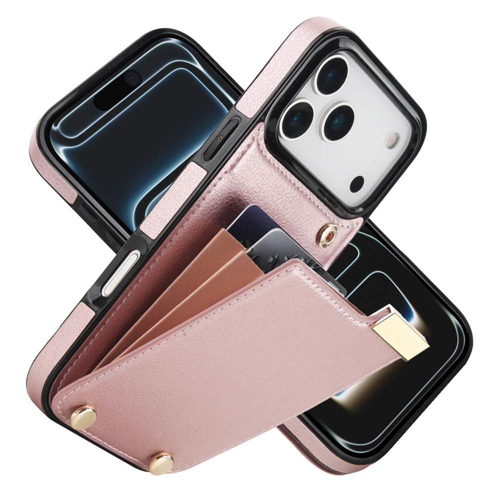 For iPhone 17 Pro Case TPU + PU Leather Hardware Decor Phone Cover with Card Holder - Rose Gold