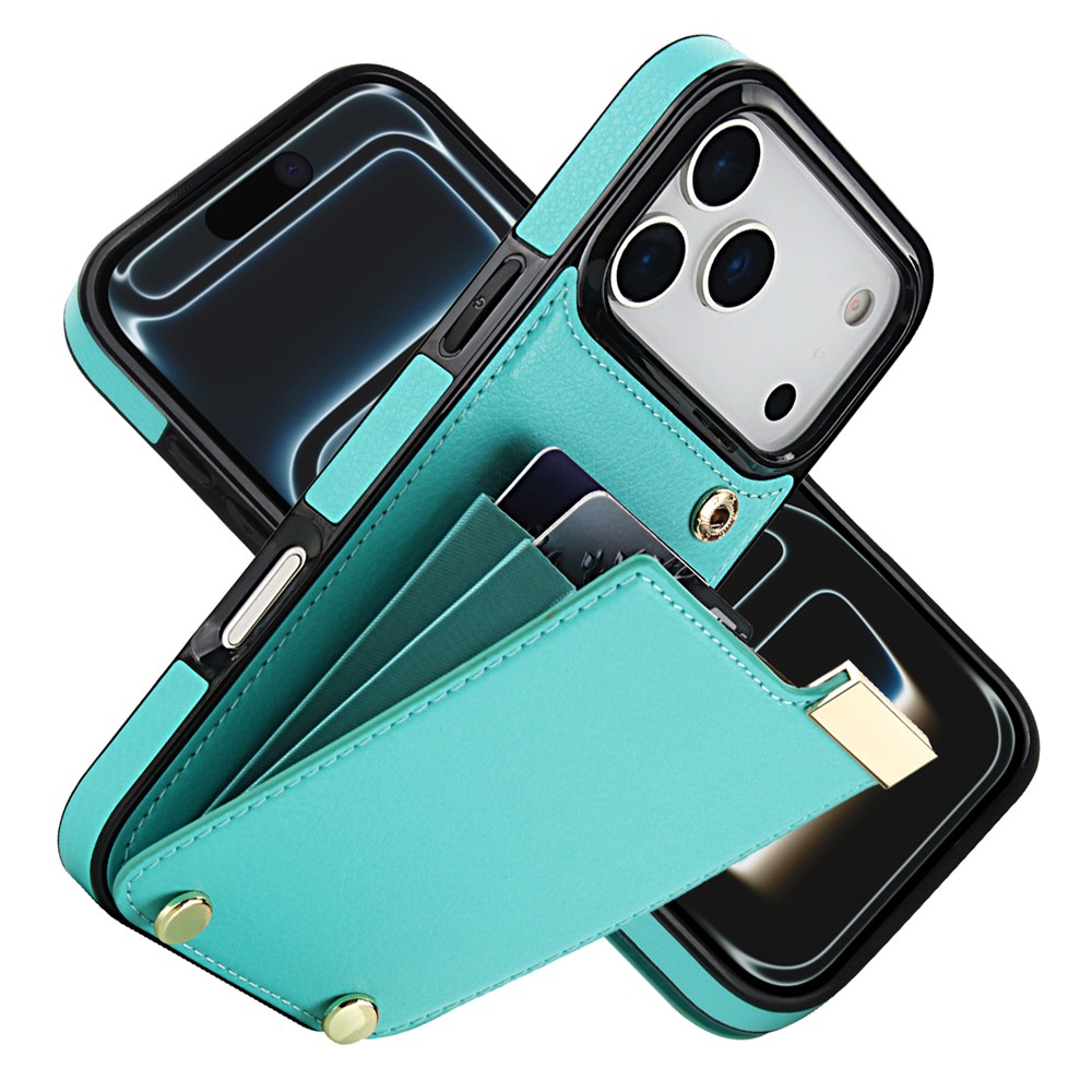 For iPhone 17 Pro Max Case TPU + PU Leather Hardware Decor Phone Cover with Card Holder - Mint Green
