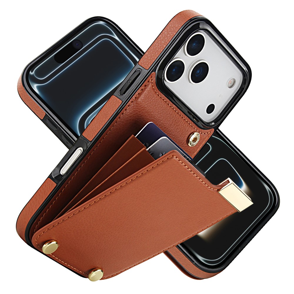 For iPhone 17 Pro Max Case TPU + PU Leather Hardware Decor Phone Cover with Card Holder - Brown