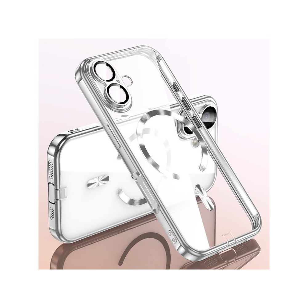 For iPhone 16 Case Electroplating Frame Translucent TPU Phone Cover Compatible with MagSafe - Silver