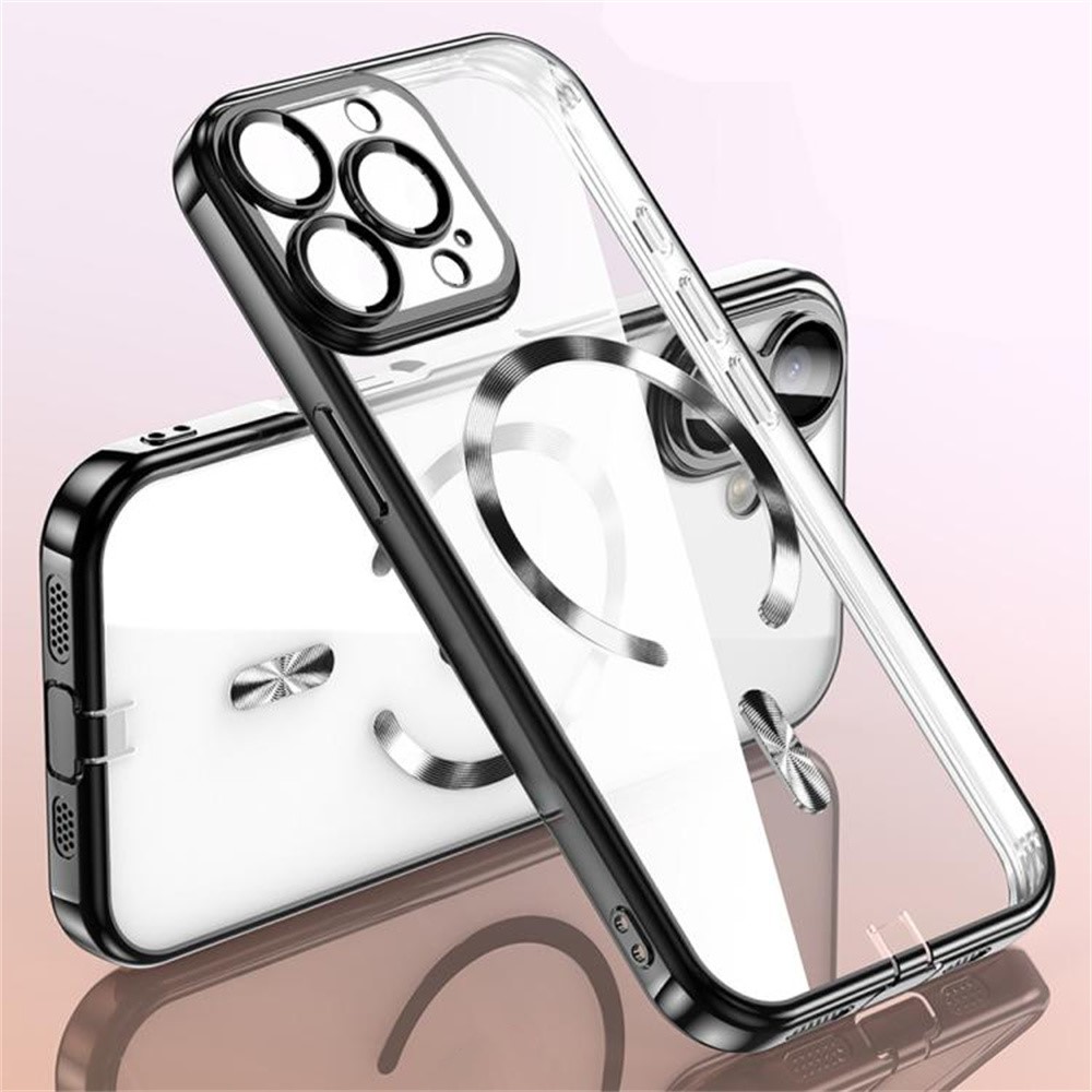 For iPhone 15 Pro Case Electroplating Frame Translucent TPU Phone Cover Compatible with MagSafe - Black