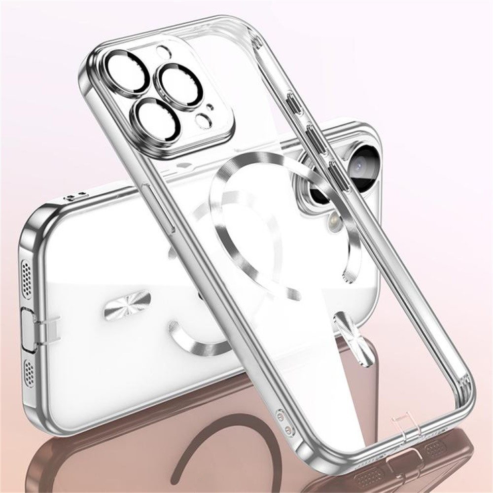 For iPhone 15 Pro Case Electroplating Frame Translucent TPU Phone Cover Compatible with MagSafe - Silver