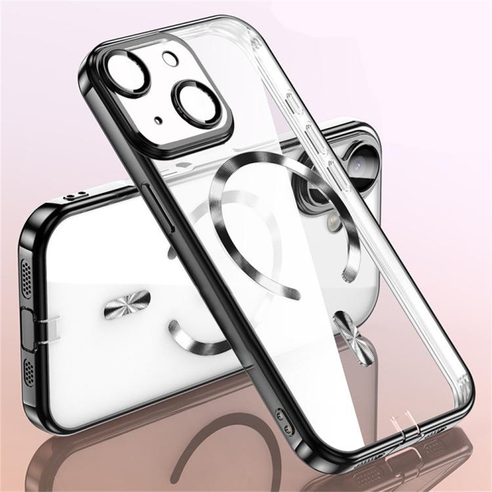 For iPhone 15 Case Electroplating Frame Translucent TPU Phone Cover Compatible with MagSafe - Black