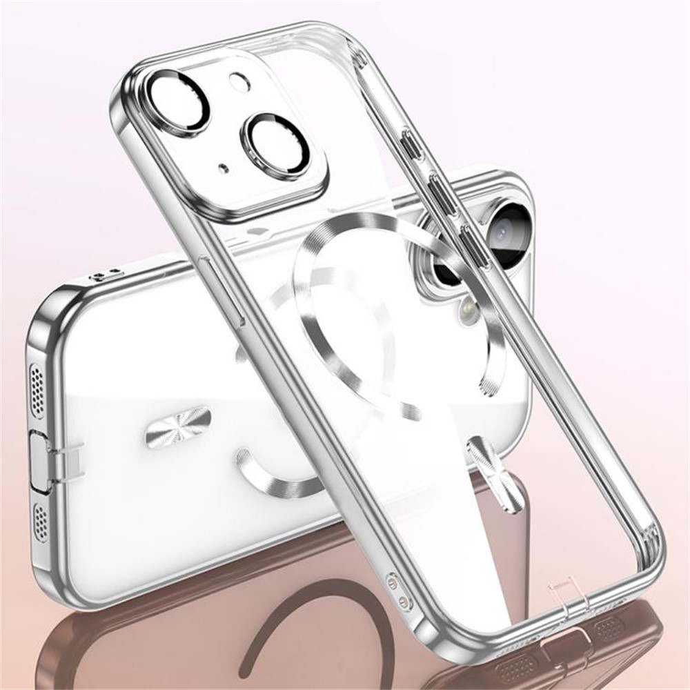 For iPhone 15 Case Electroplating Frame Translucent TPU Phone Cover Compatible with MagSafe - Silver