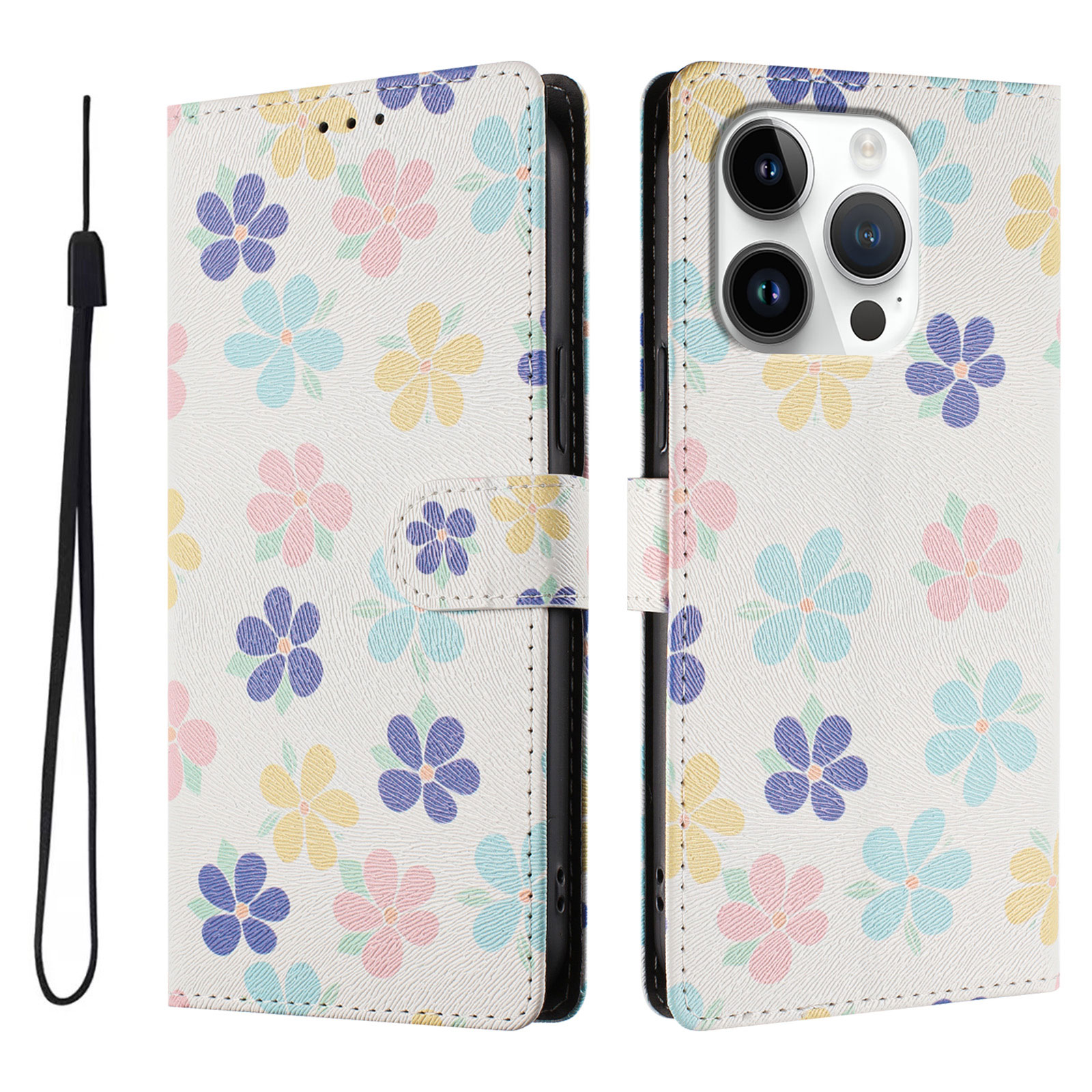 For iPhone 16 Pro Case Pattern Print PU Leather Wallet Phone Cover with Wrist Strap - Colored Flowers