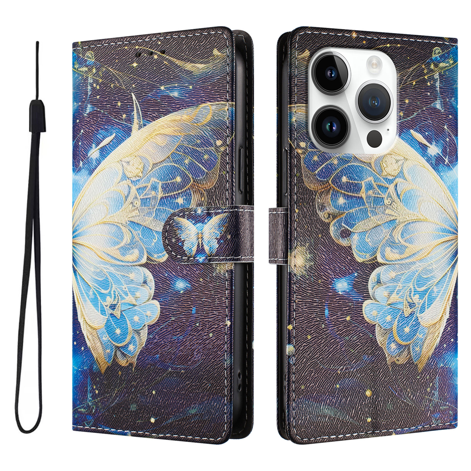 For iPhone 16 Pro Case Pattern Print PU Leather Wallet Phone Cover with Wrist Strap - Big Butterfly