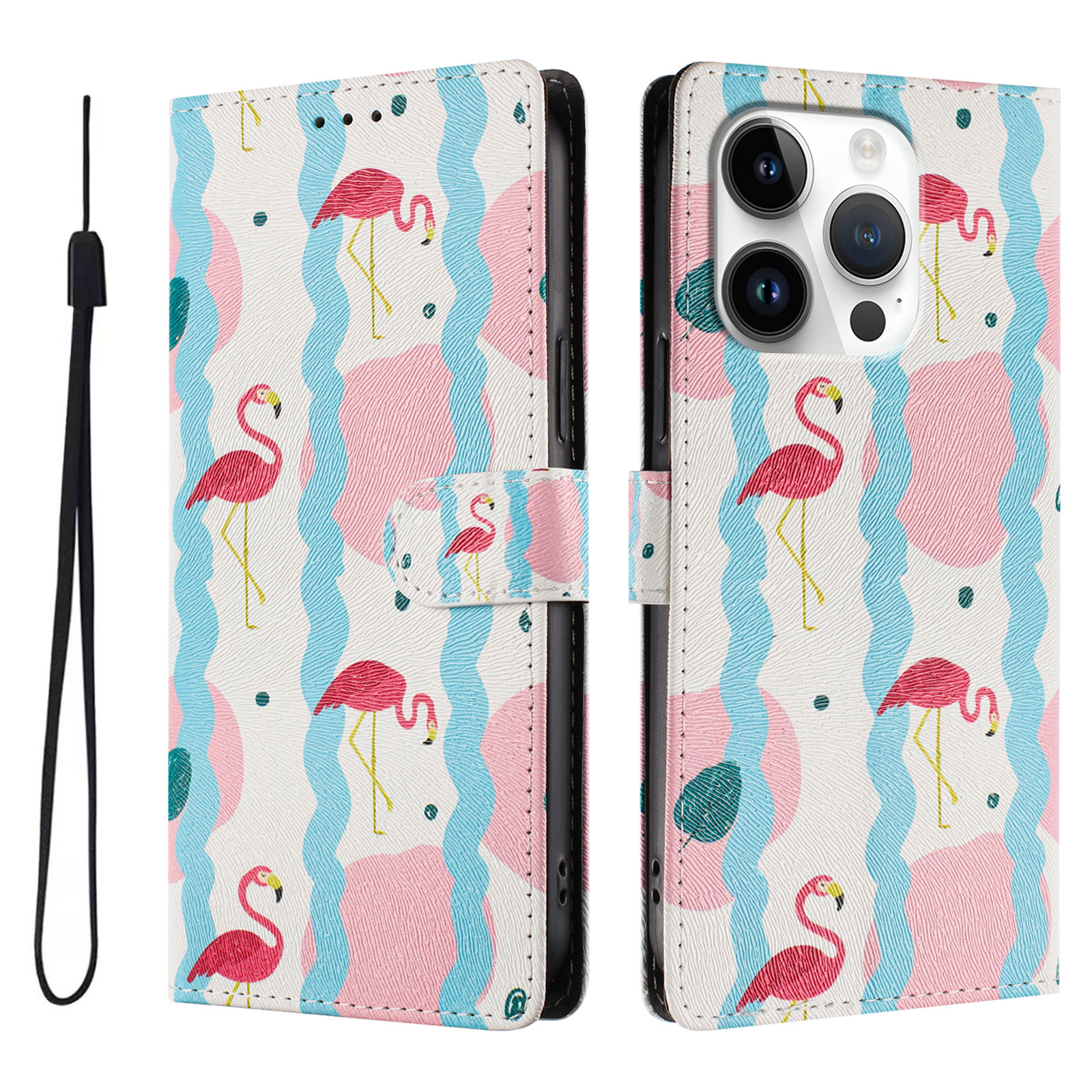 For iPhone 16 Pro Case Pattern Print PU Leather Wallet Phone Cover with Wrist Strap - Birds