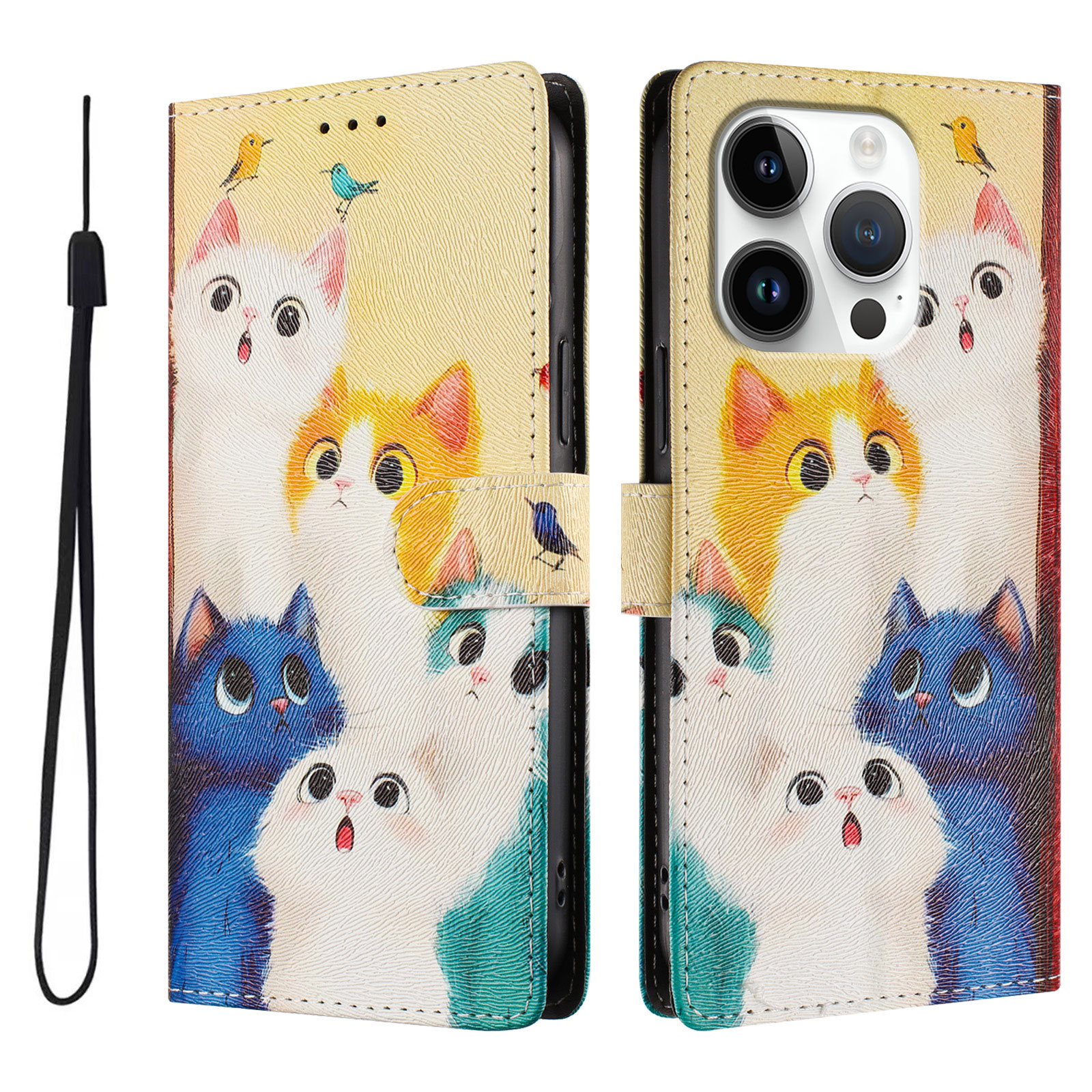 For iPhone 16 Pro Case Pattern Print PU Leather Wallet Phone Cover with Wrist Strap - Colorful Cats