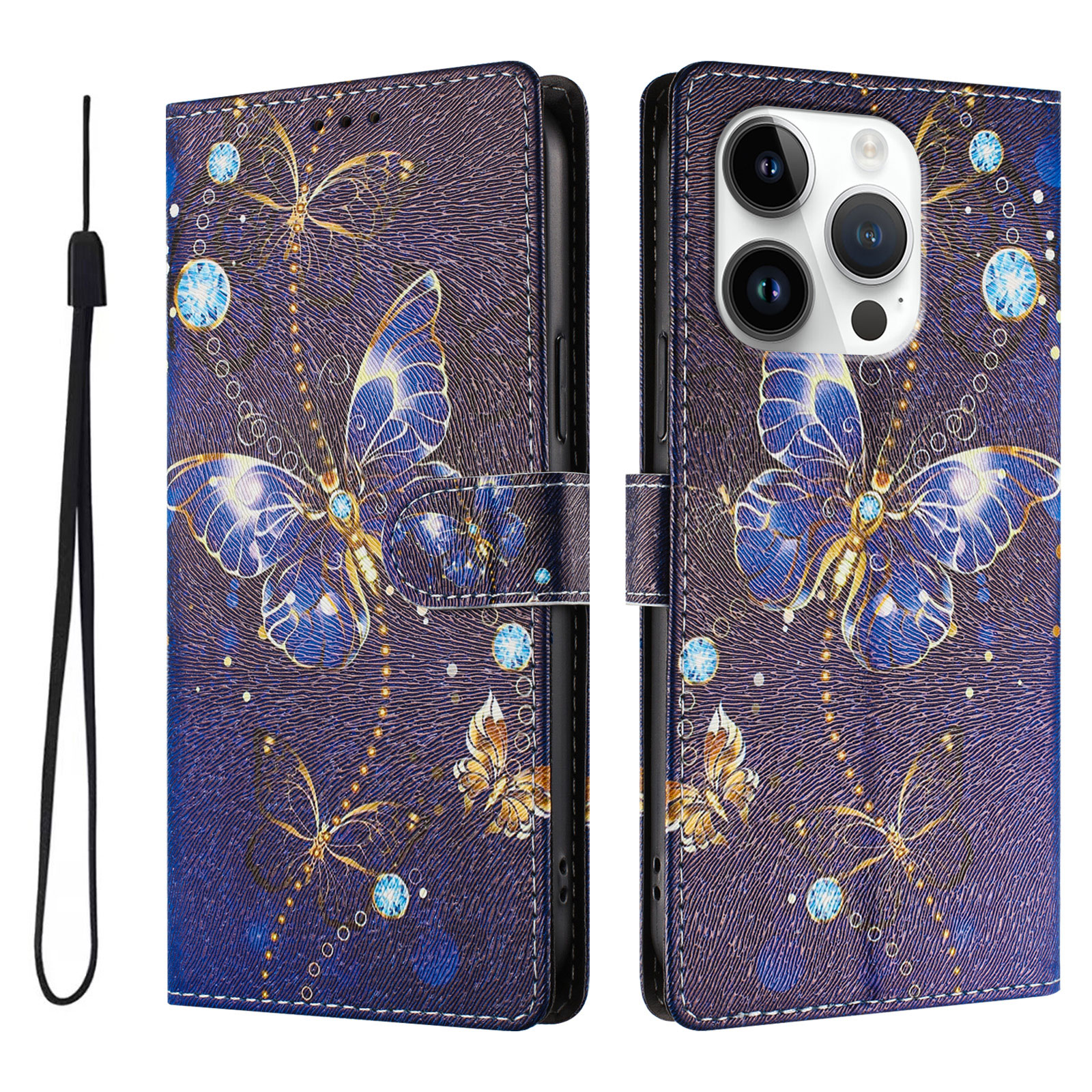 For iPhone 16 Pro Case Pattern Print PU Leather Wallet Phone Cover with Wrist Strap - Blue Butterfly