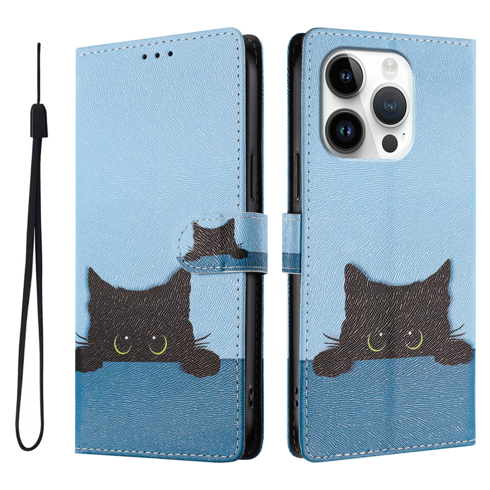 For iPhone 16 Pro Case Pattern Print PU Leather Wallet Phone Cover with Wrist Strap - Black Cat