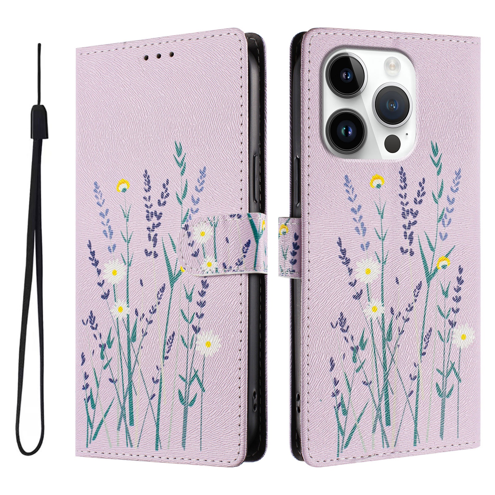 For iPhone 16 Pro Case Pattern Print PU Leather Wallet Phone Cover with Wrist Strap - Lavender