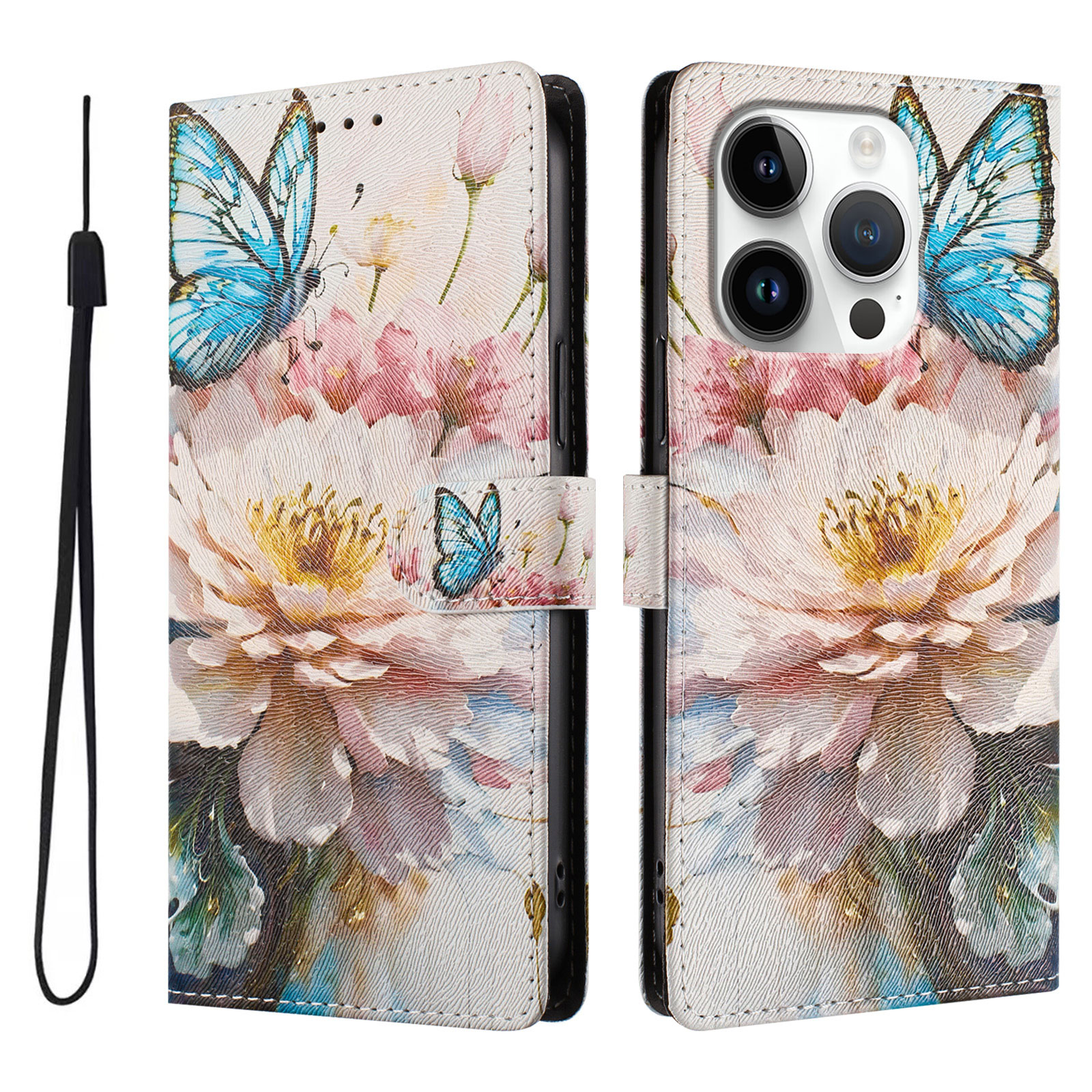 For iPhone 16 Pro Case Pattern Print PU Leather Wallet Phone Cover with Wrist Strap - Butterfly / Flower