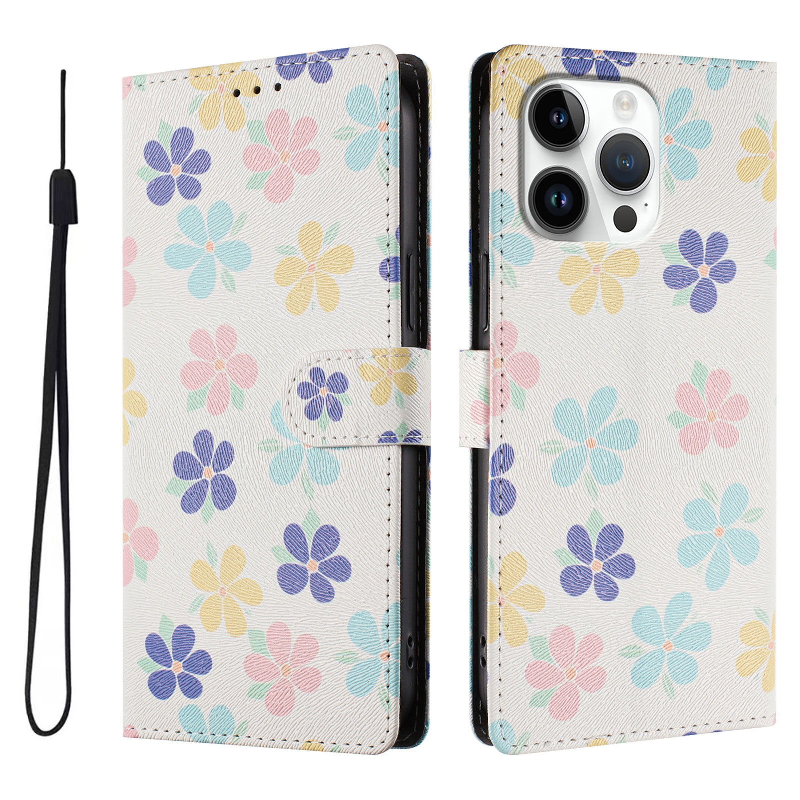 For iPhone 16 Pro Max Case Pattern Print PU Leather Wallet Phone Cover with Wrist Strap - Colored Flowers