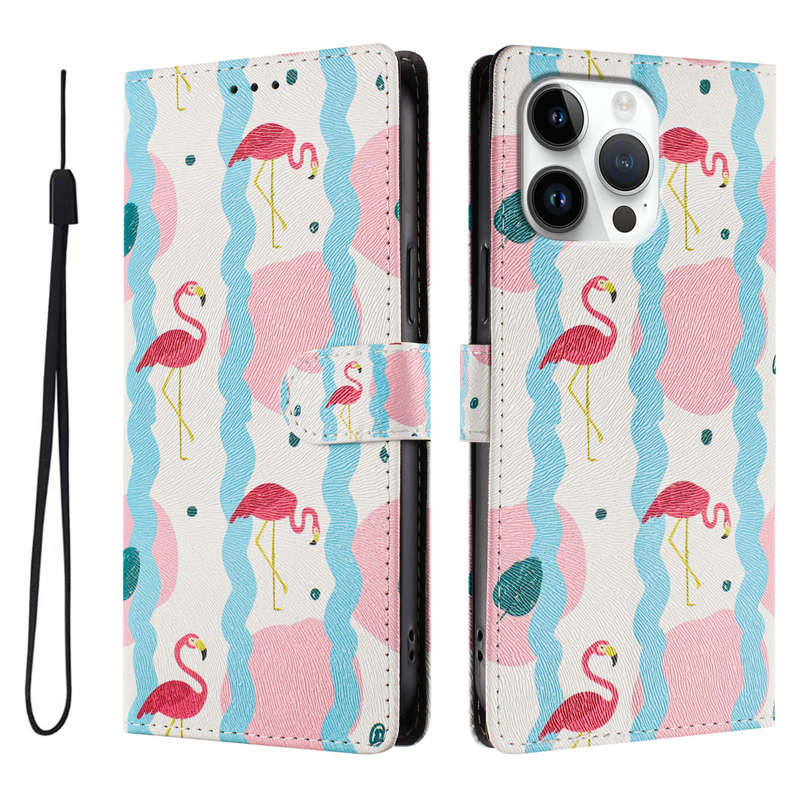 For iPhone 16 Pro Max Case Pattern Print PU Leather Wallet Phone Cover with Wrist Strap - Birds