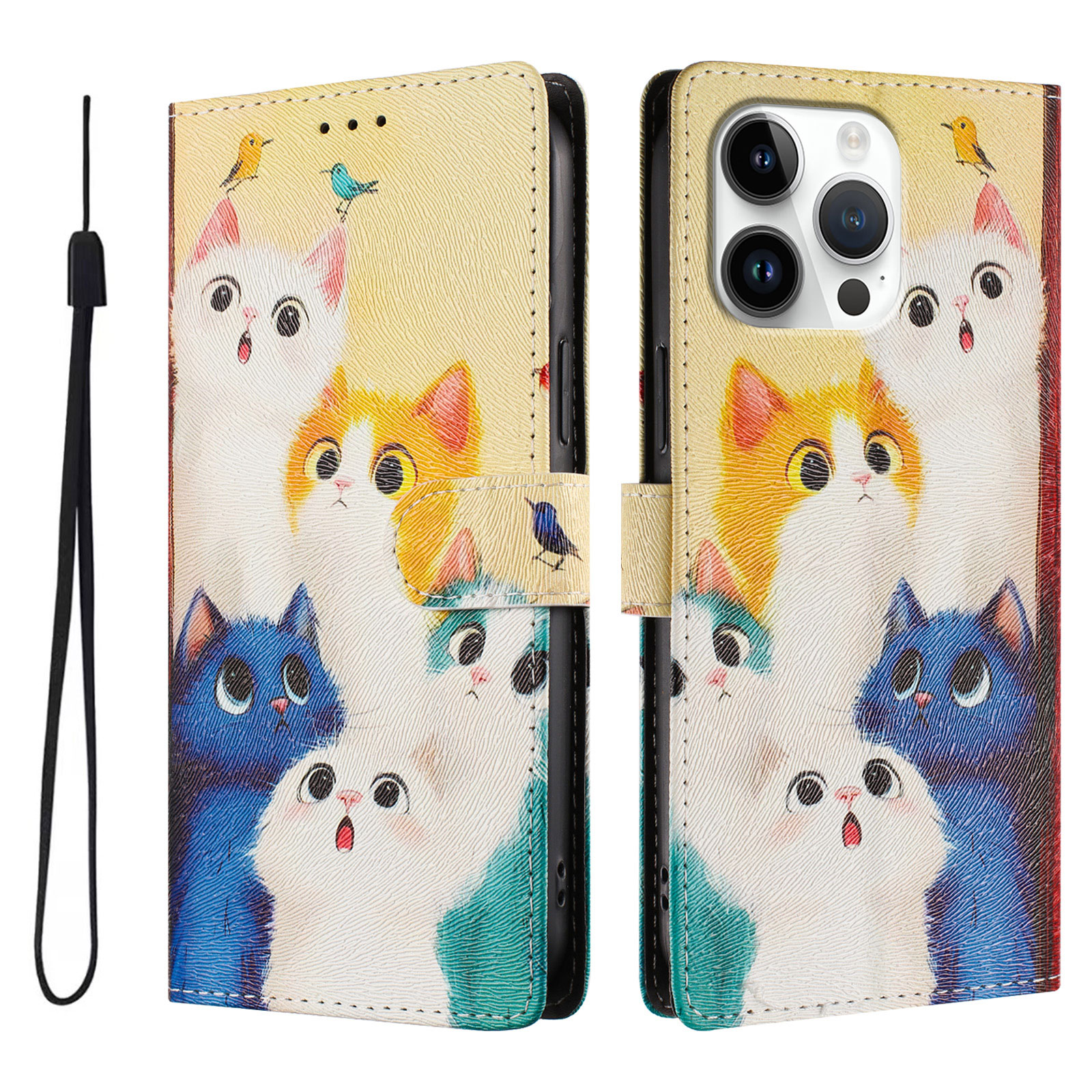 For iPhone 16 Pro Max Case Pattern Print PU Leather Wallet Phone Cover with Wrist Strap - Colorful Cats