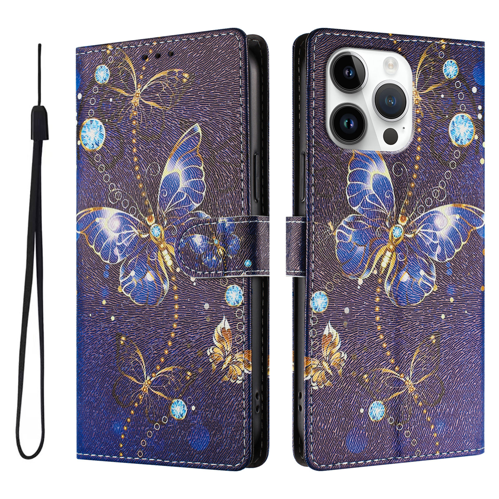 For iPhone 16 Pro Max Case Pattern Print PU Leather Wallet Phone Cover with Wrist Strap - Blue Butterfly