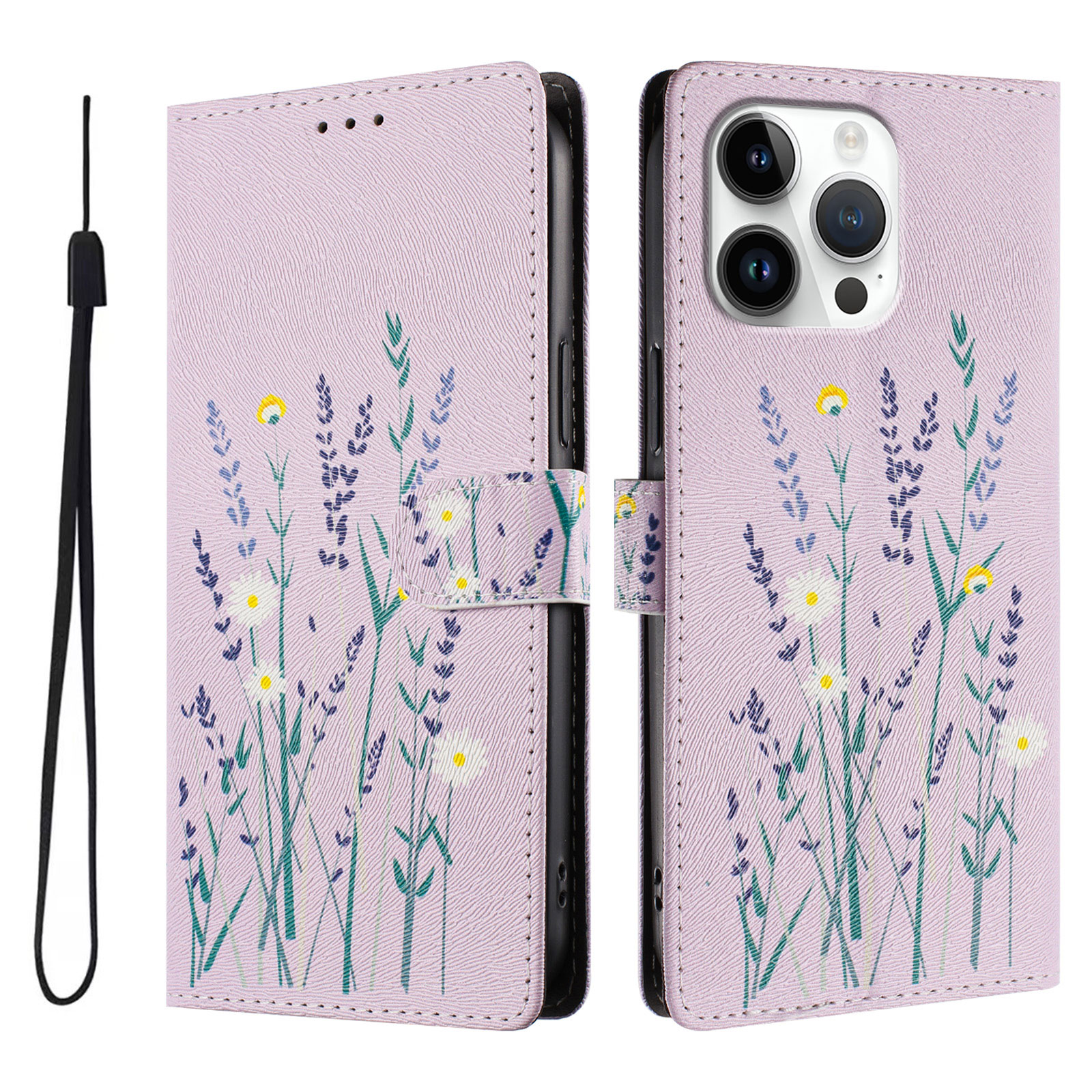 For iPhone 16 Pro Max Case Pattern Print PU Leather Wallet Phone Cover with Wrist Strap - Lavender