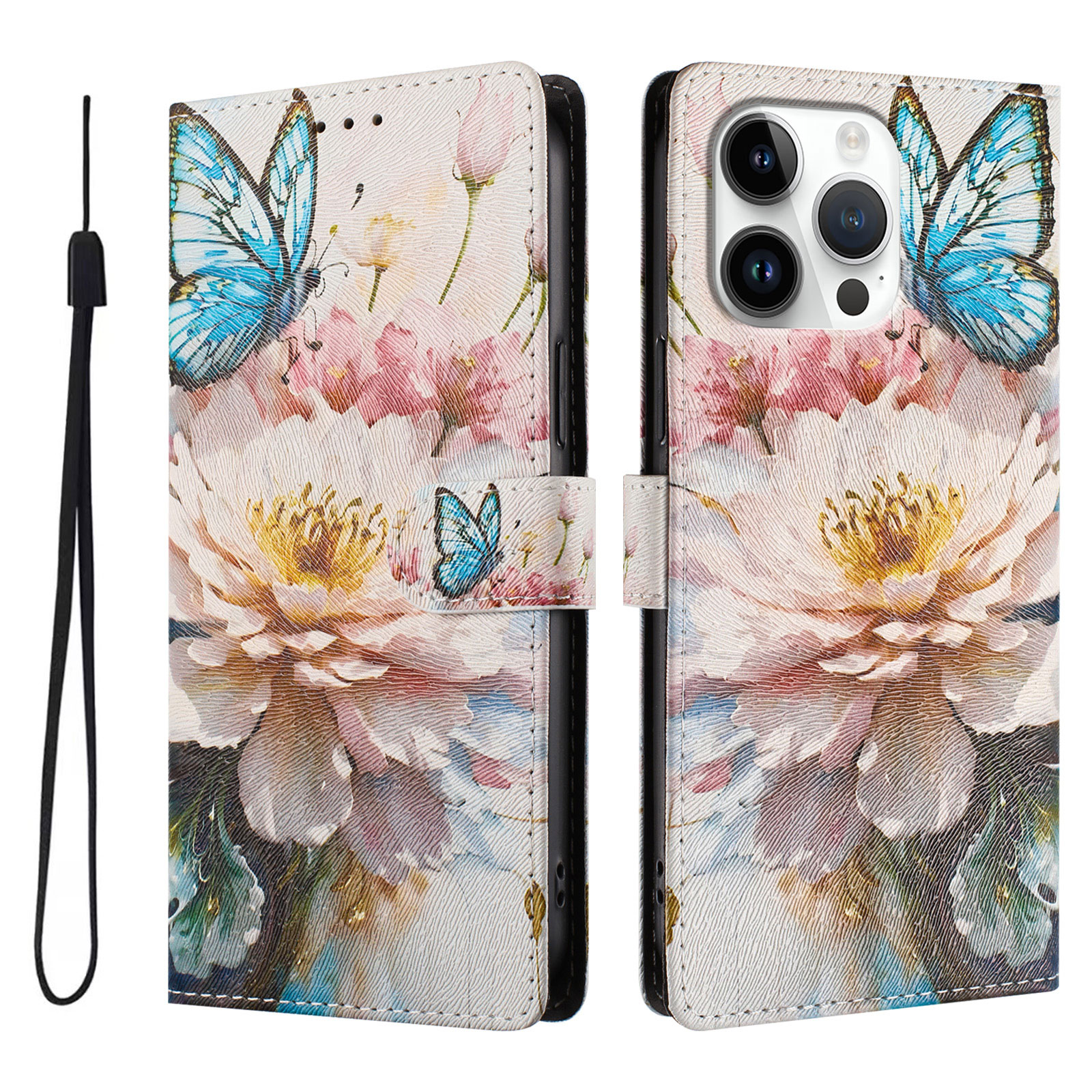 For iPhone 16 Pro Max Case Pattern Print PU Leather Wallet Phone Cover with Wrist Strap - Butterfly / Flower